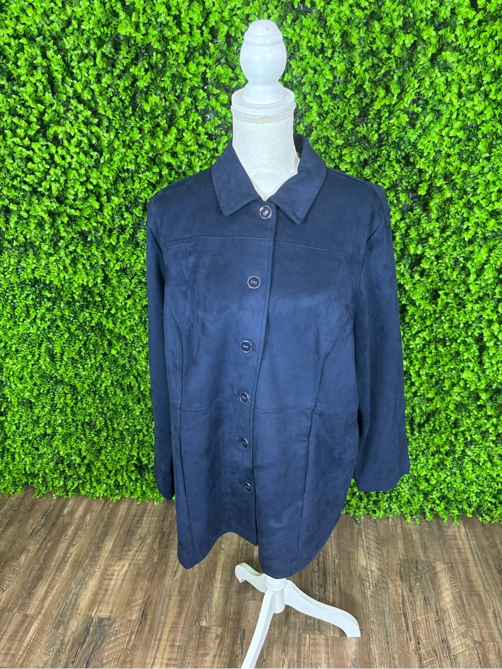 Chico's Navy Suede Button-Front Trench Coat